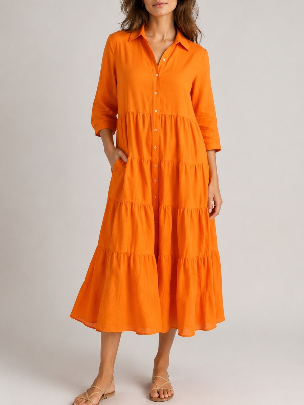 Perlavera 100% Cotton Oreo Midi Dress Size S Orange Beach Coastal Long-Sleeve